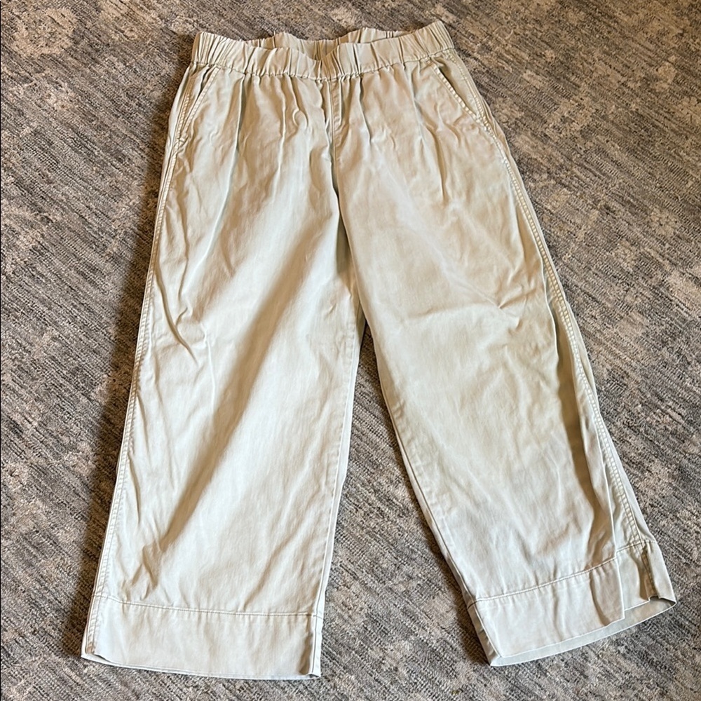 J. Crew Khaki Casual Wide-Leg Pants - Cotton Blend - Large - Elastic Waist
